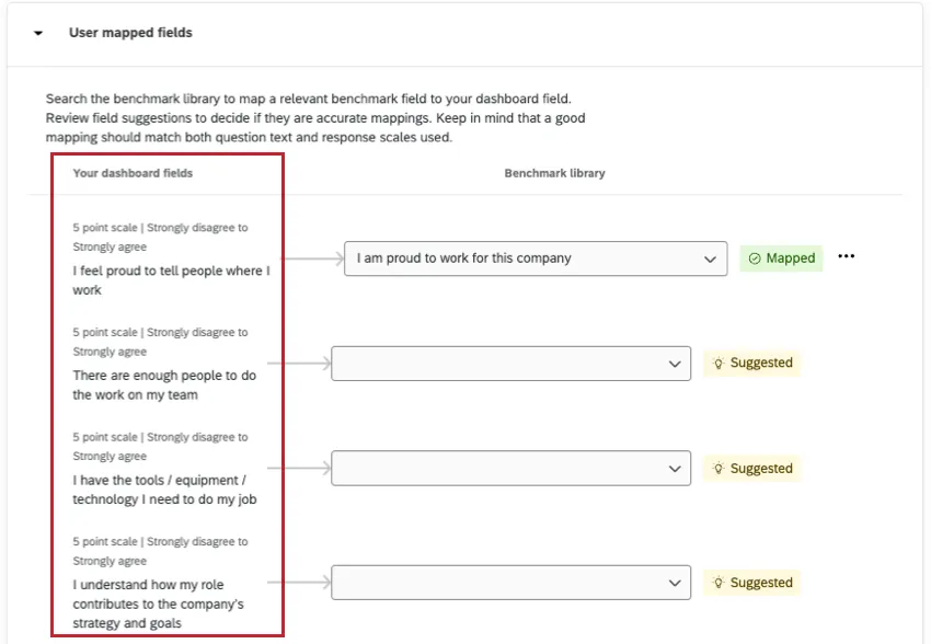 Creazione di un benchmark di Qualtrics, i campi del dashboard che è possibile mappare evidenziati
