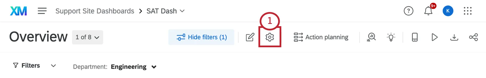 Navegación a lo largo de la parte superior del Tablero, engranaje resaltado