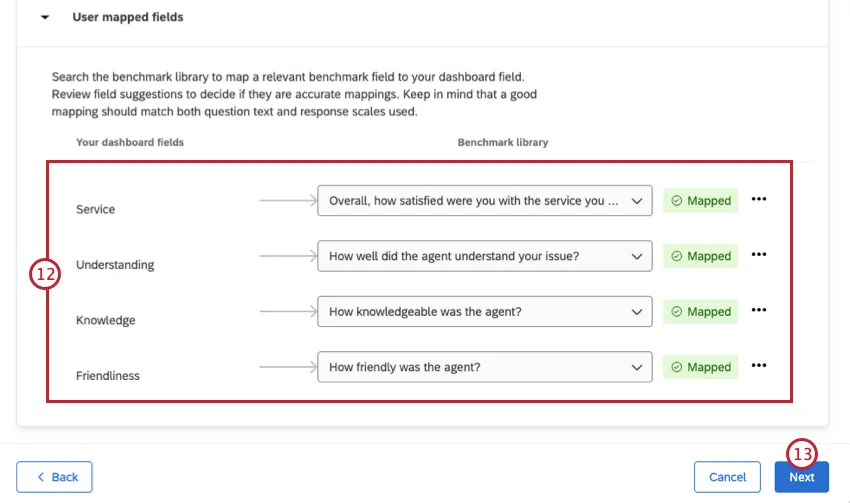 mapping dashboard fields to benchmarks