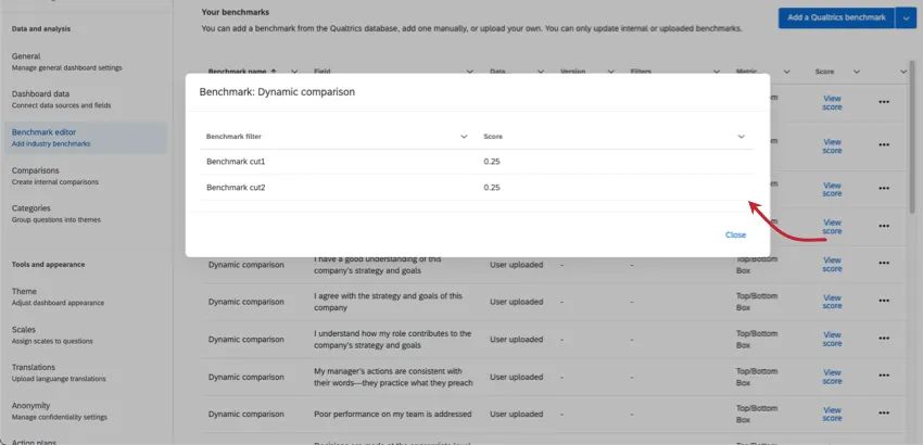 visualização do editor de benchmark nas configurações de um dashboard engajamento
