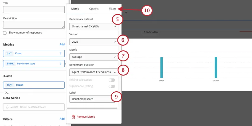 lors de lajout dun benchmark en tant que métrique, une fenêtre modale souvre à droite pour vous permettre de jouer avec des données Qualtrics prédéfinies