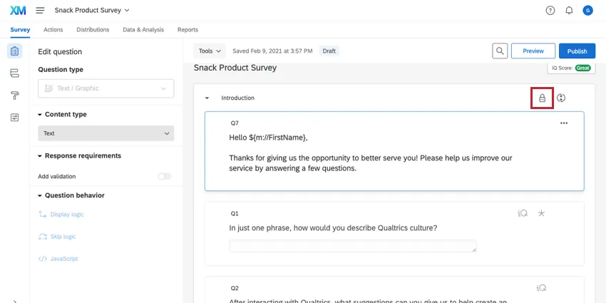 Lock block icon on the Introduction block in the survey editor