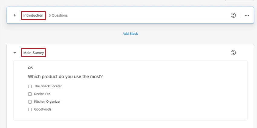 Die Namen von zwei Blöcken werden hervorgehoben. Es gibt einen Einführungs- und einen Umfrage.