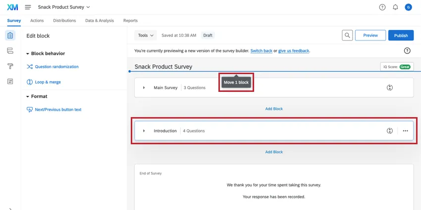 Block is clicked and dragged in order to move it to the top of the survey editor