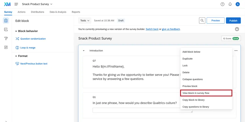 View block in survey flow option in the block options