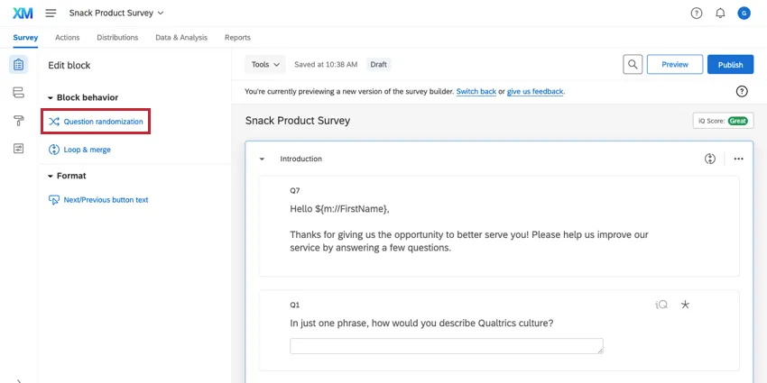 Question randomization in the Edit block menu
