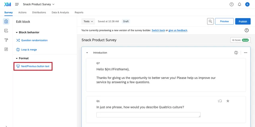 編集］ブロックメニューの［次へ］［前へ］ボタンテキスト