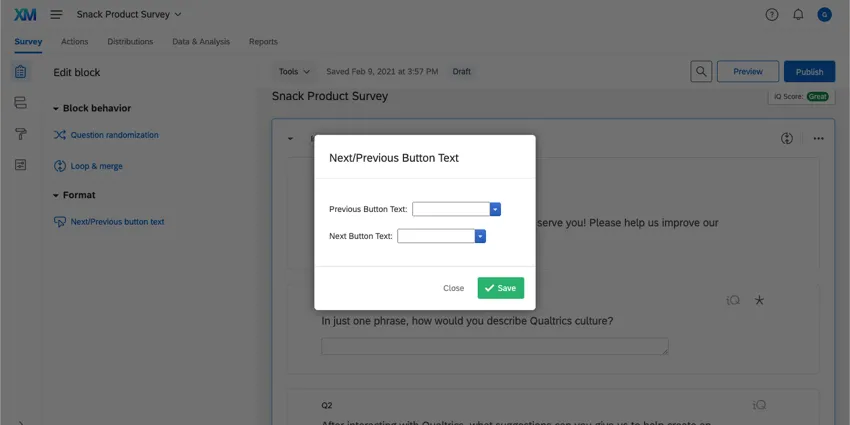 前へ］ボタンテキストと［次へ］ボタンテキストを入力するフィールドがある［次へ］／［前へ］ボタンテキストウィンドウ