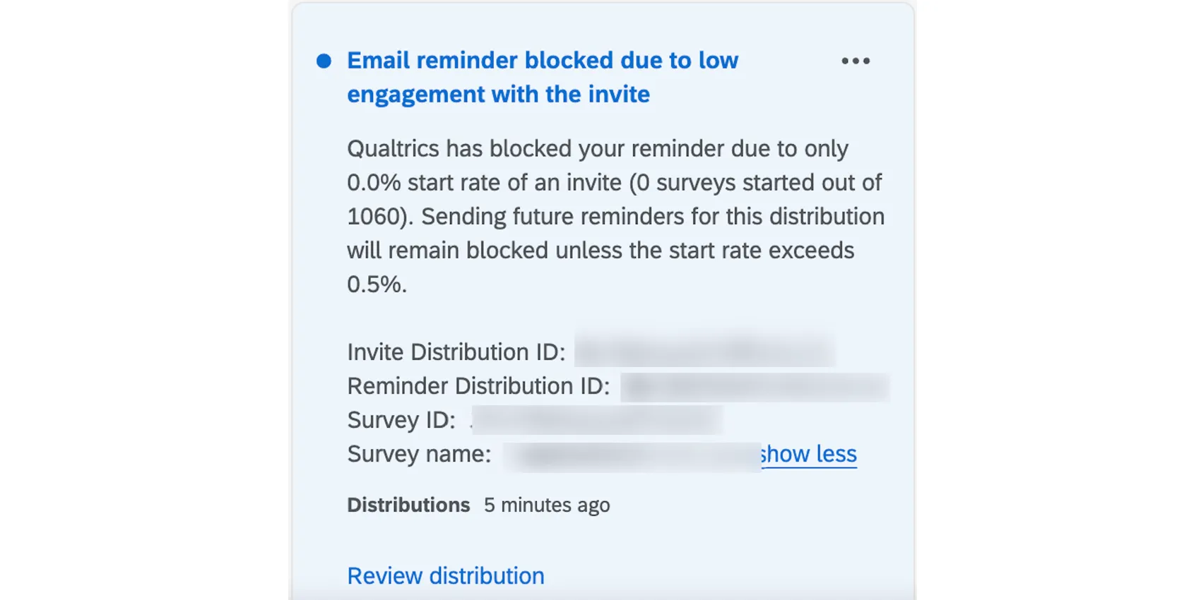 die produktinterne Benachrichtigung, wenn eine Erinnerung aufgrund von geringem Engagement für die Einladung blockiert wird