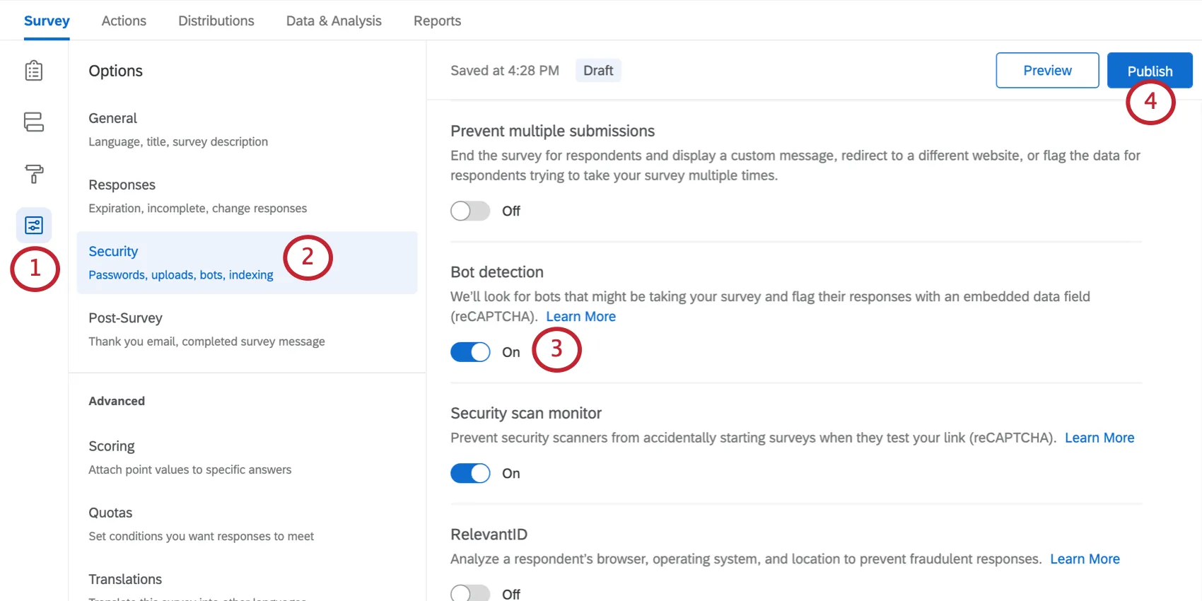 Bot detection in the survey options