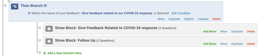No fluxo da pesquisa, um bloco cinza, um ramificação azul com um bloco cinza recuado sob ele e um bloco cinza