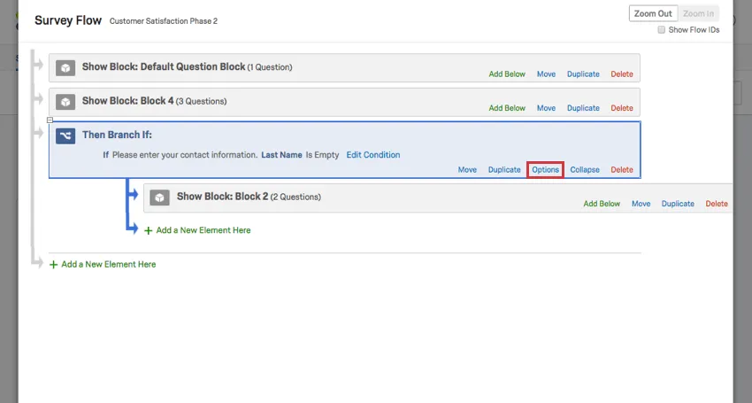 Options button on the lower-right of a branch
