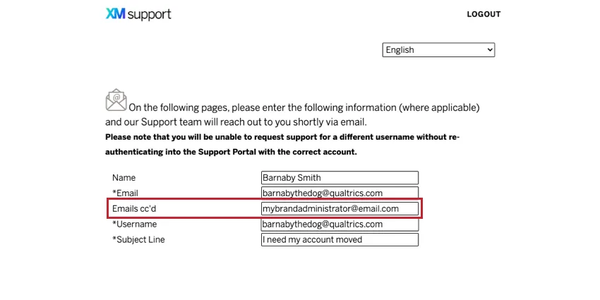 カスタマーサクセスハブのサポートフォームで、Emails cccdフィールドにメールの例があります。