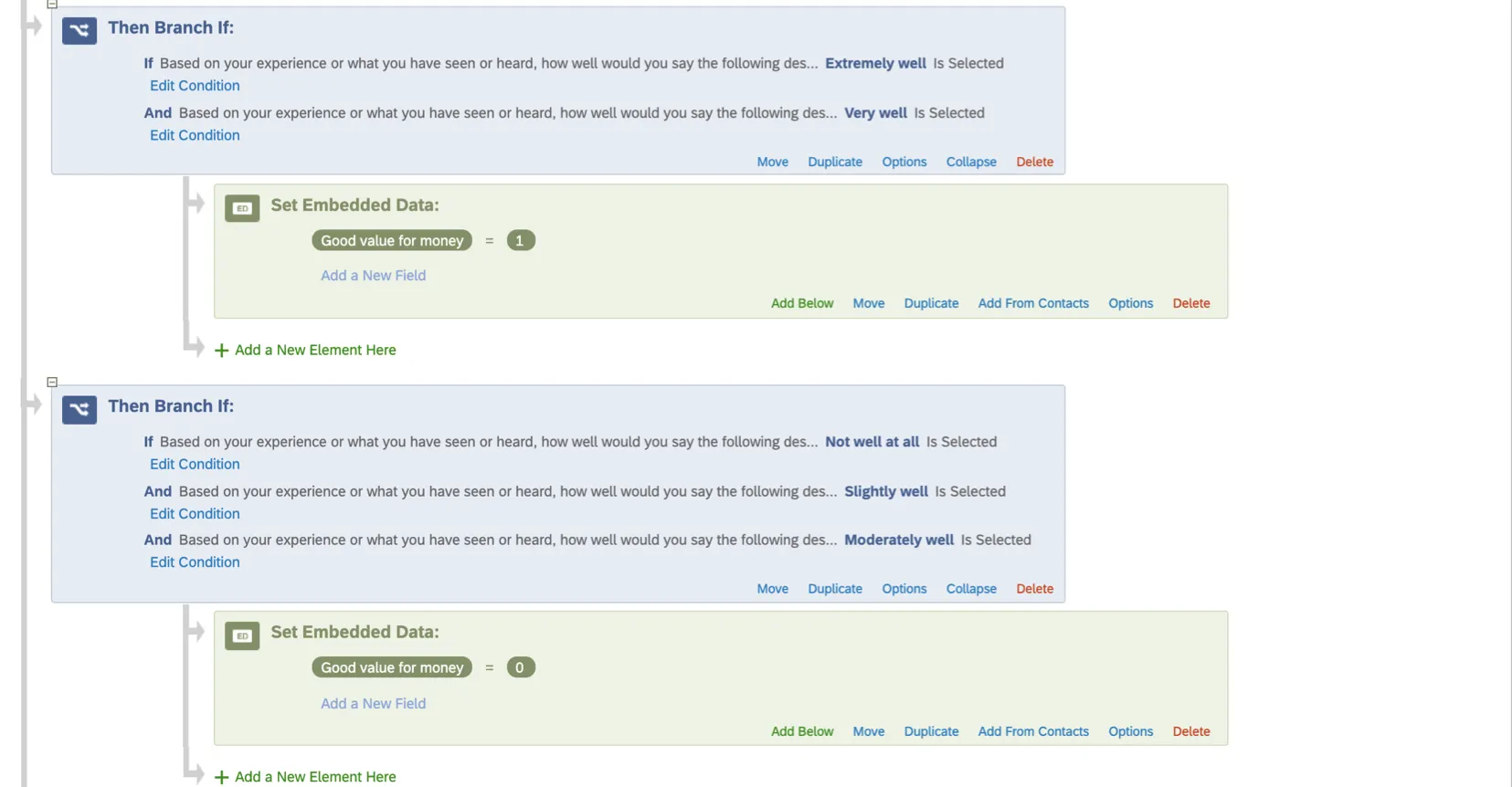 Zwei Zweige. Eine gibt ein eingebettete Daten mit dem Namen „Gut Wert für das Geld“ an, das auf 0 gesetzt werden sollte, und das andere setzt es auf 1.