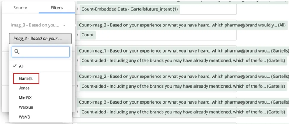 After the filter is added, second dropdown in menu allows you to select from a list of brands