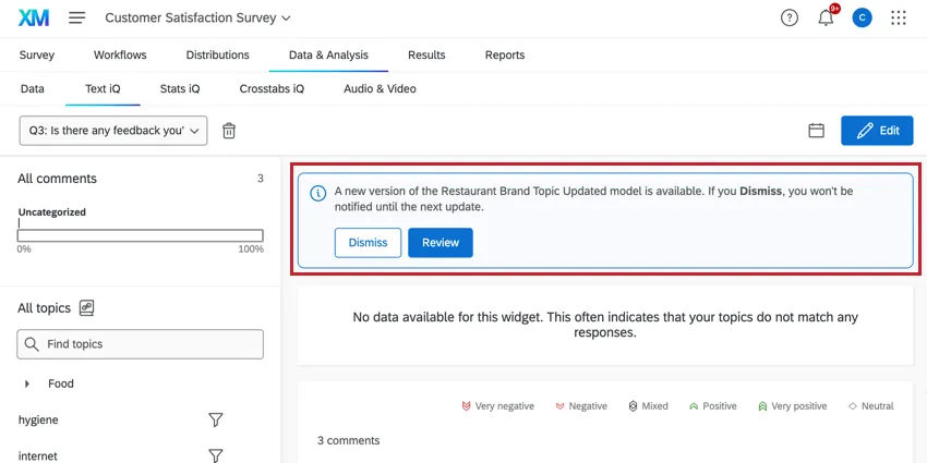 il messaggio di aggiornamento dellargomento del brand, che chiede di importare o di eliminare le modifiche apportate al modello
