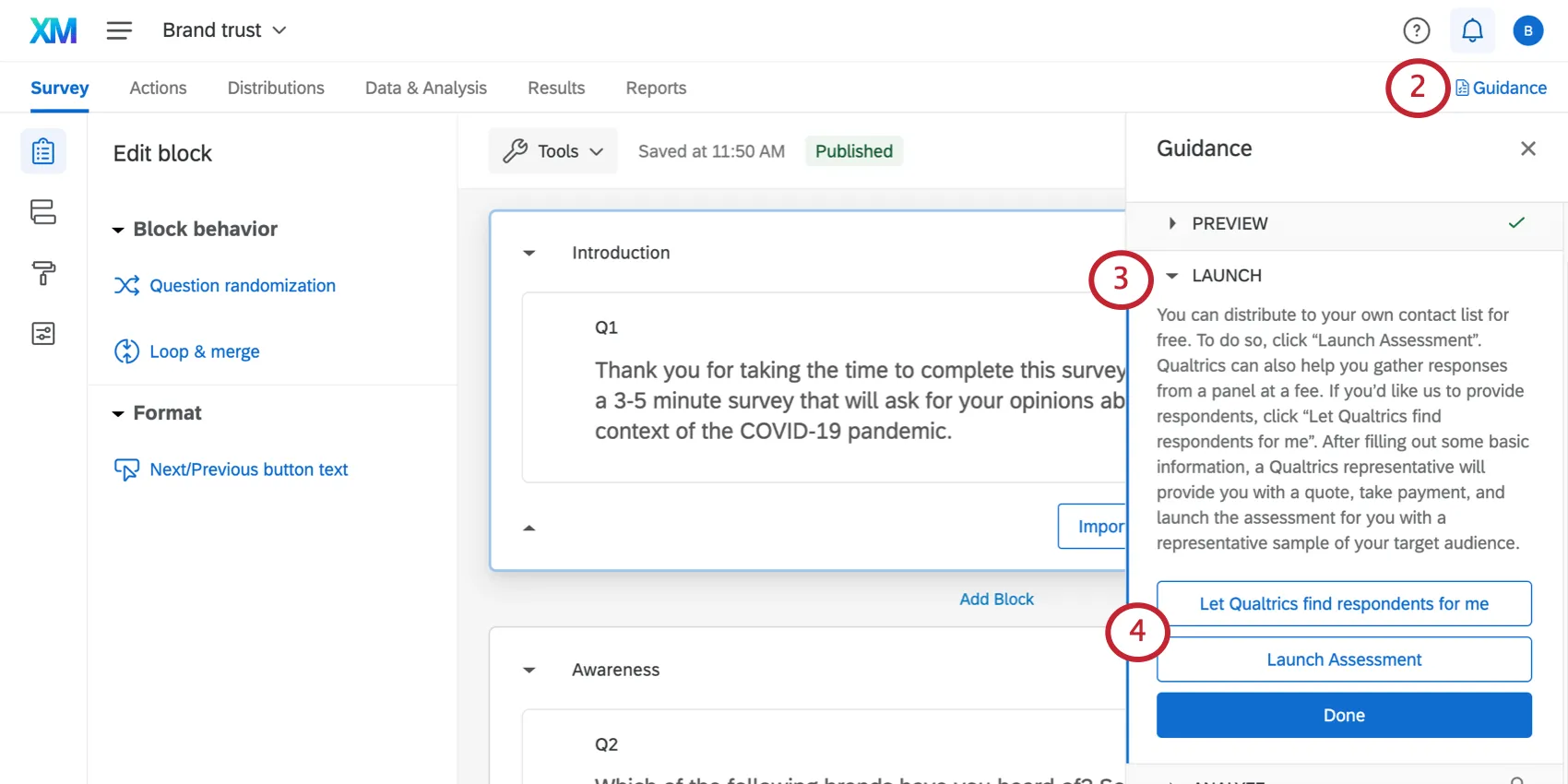navigating to the launch section of the guidance tab and selecting an option