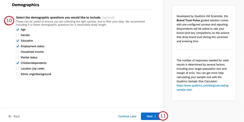 Series of demographics with checkboxes next to each. next button in blue, bottom-right