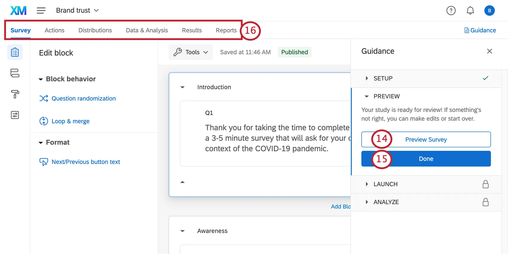 Survey builder open with a guidance sidebar to the right that takes you through key steps