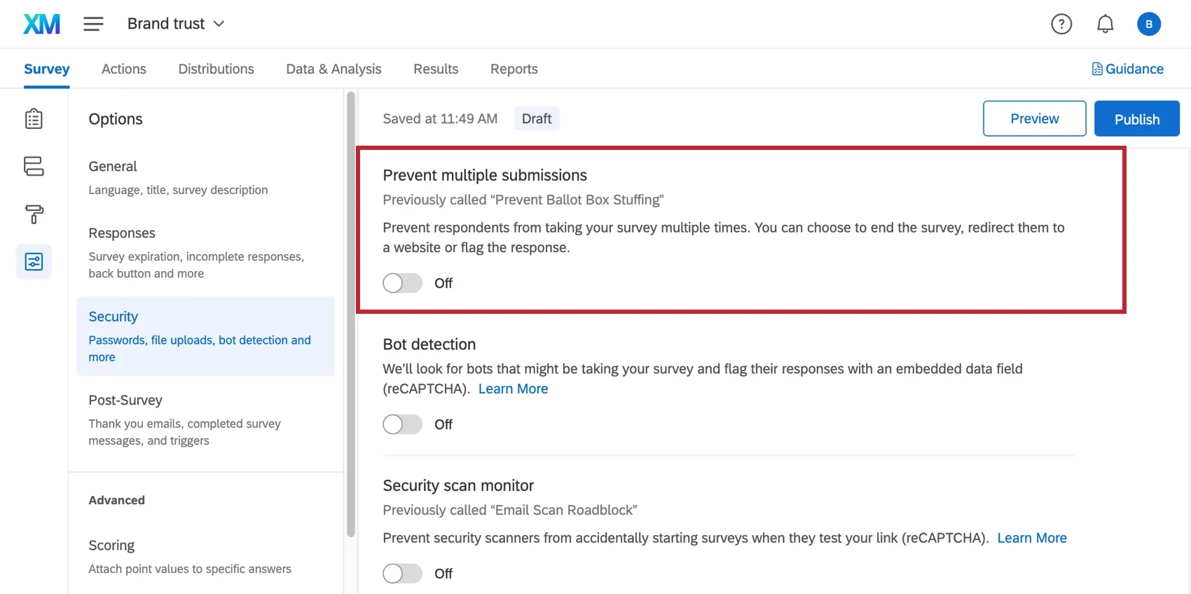 Prevent multiple submissions in the security section of the survey options