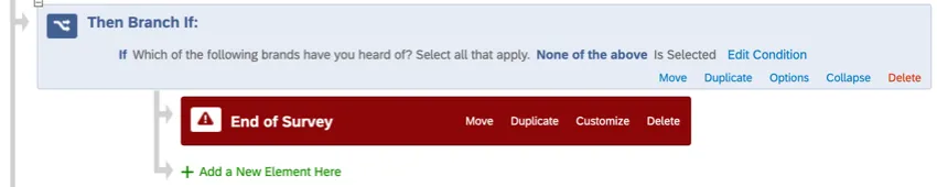 En el flujo de la encuesta, un bloque gris, una rama azul con un bloque gris sangrado debajo y un bloque gris