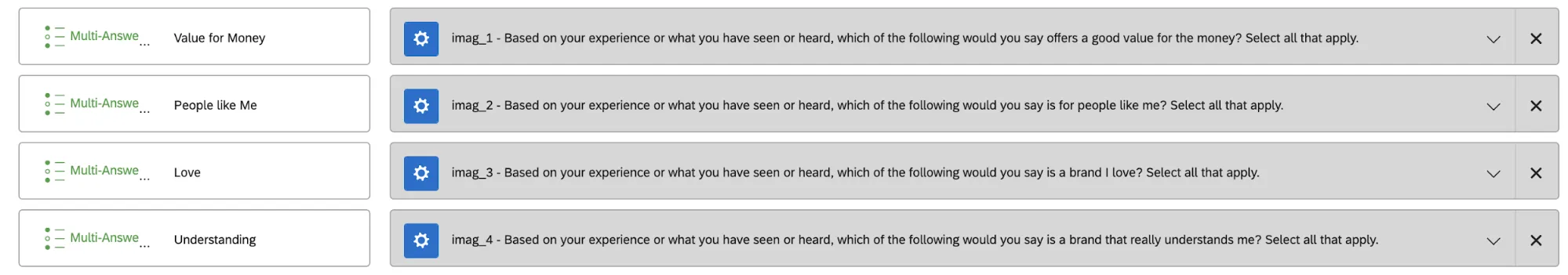 Les champs tels que le rapport qualité-prix sont mappés comme des ensembles de textes à réponses multiples dans le mappage des données dun tableau de bord