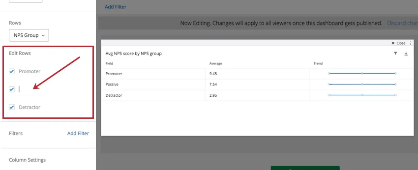 Seção Edit Rows (Editar linhas) no painel de edição esquerdo
