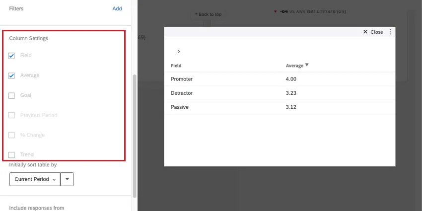 Configuración de columnas en el panel de edición izquierdo