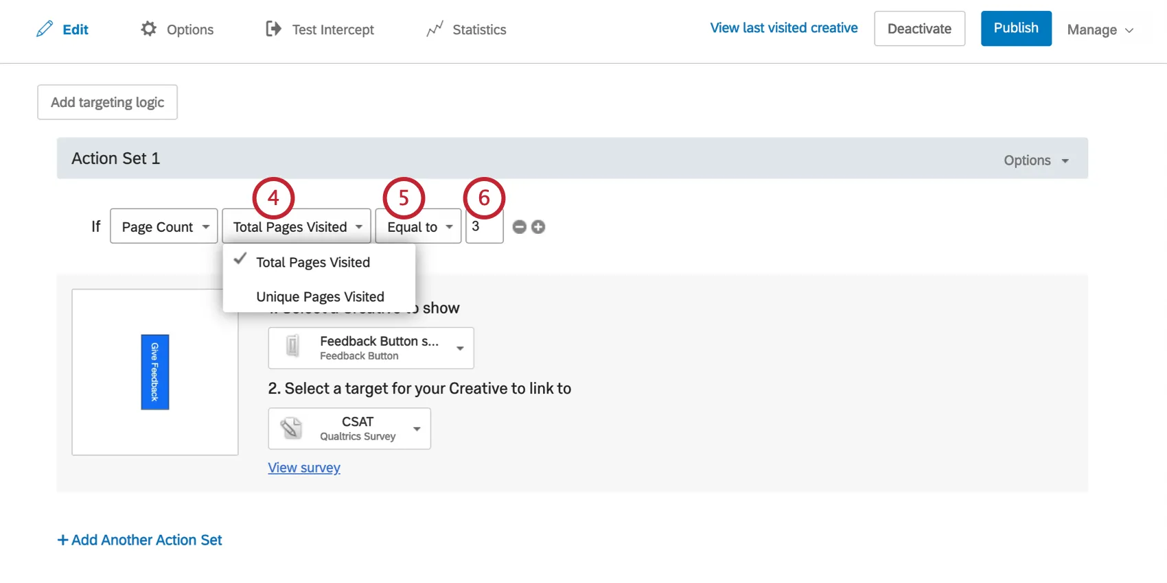 ページ数 Total Pages Visited が 3 に等しい場合にクリエイティブを表示する条件。