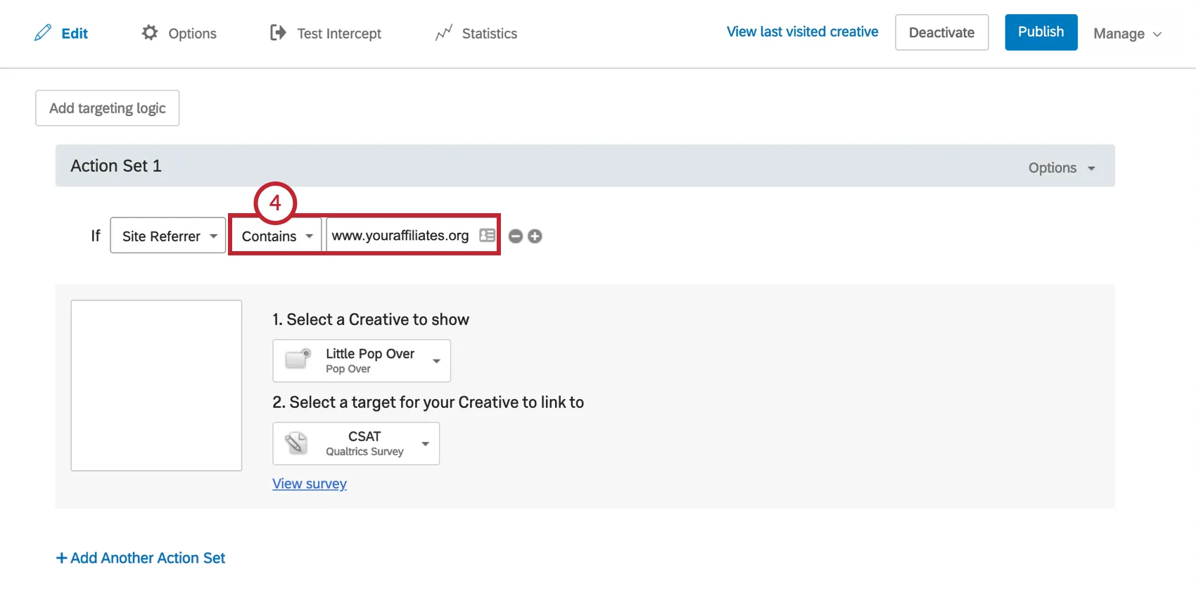 La Condición dice que se debe mostrar el Diseño si el sitio de referencia contiene el dominio del sitio web afiliado.
