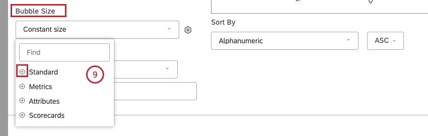 Select a calculation to be reflected by the size of the topic bubbles.
