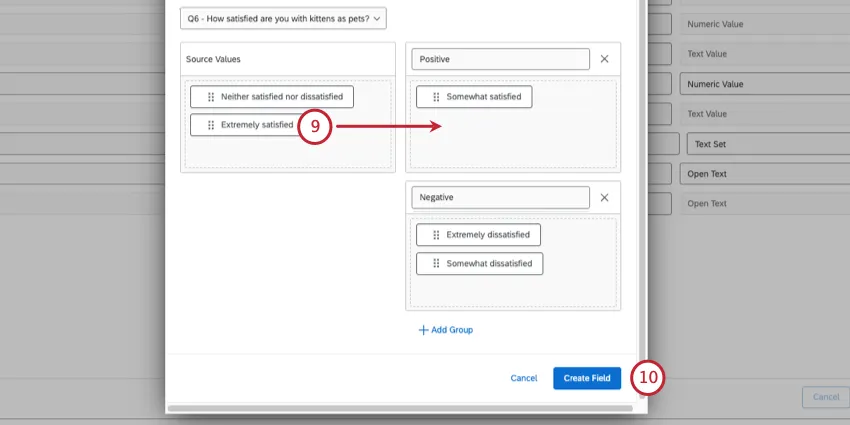 Os valores à esquerda são arrastados para as categorias de balde à direita