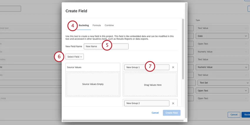 Bucketing option selected in top-right corner of Create field window