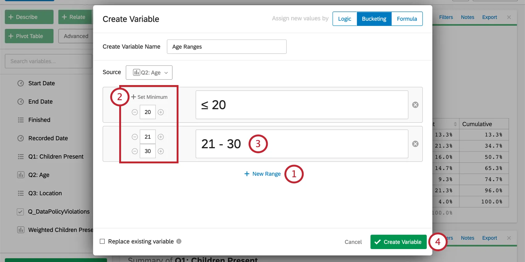 Create buckets using range of numbers