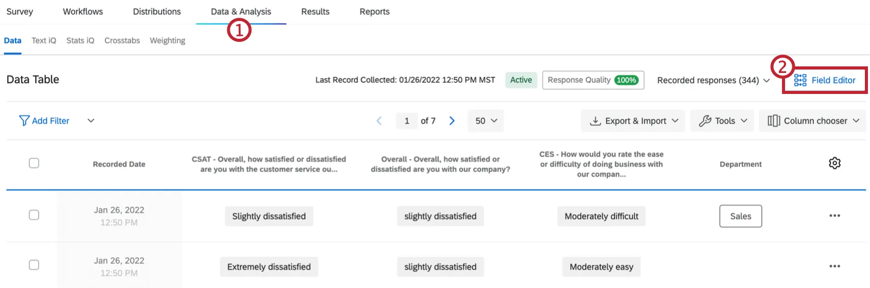 Botón Editor de campo en la esquina superior derecha de la pestaña Datos y análisis