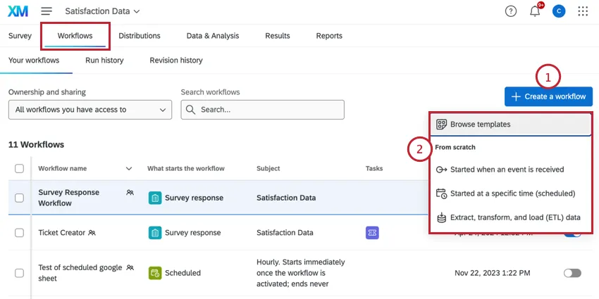 clicking Create a workflow and choosing the type of workflow