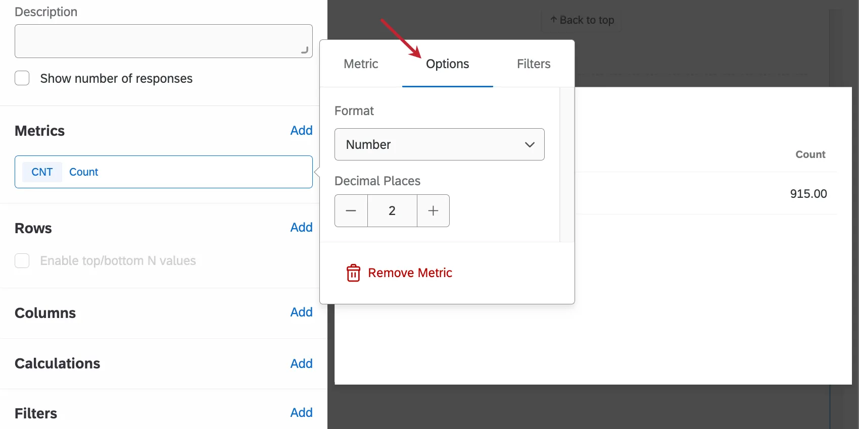 Guia Opções em uma métrica de widget