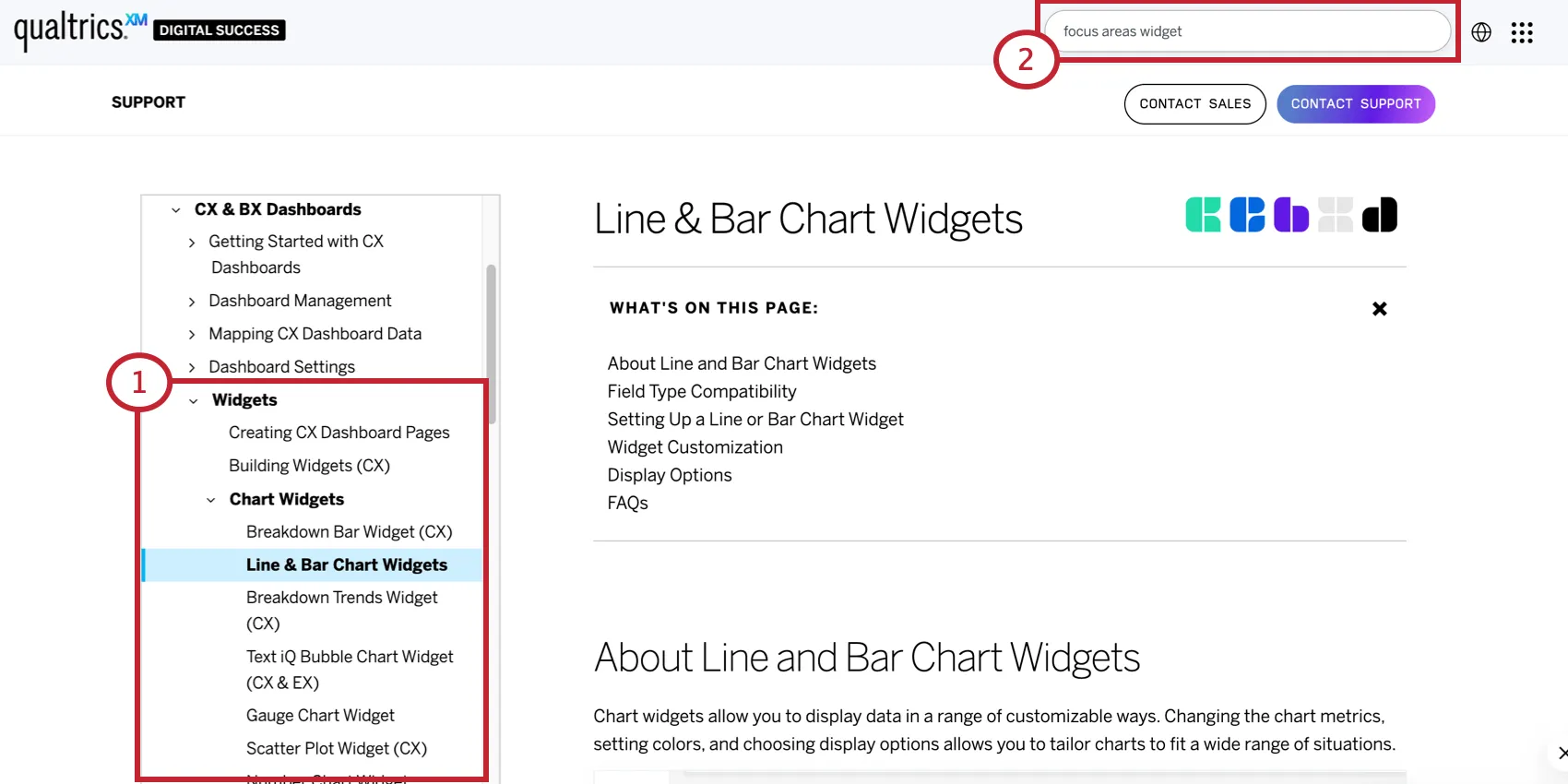Navigating support pages using the menu and search bar
