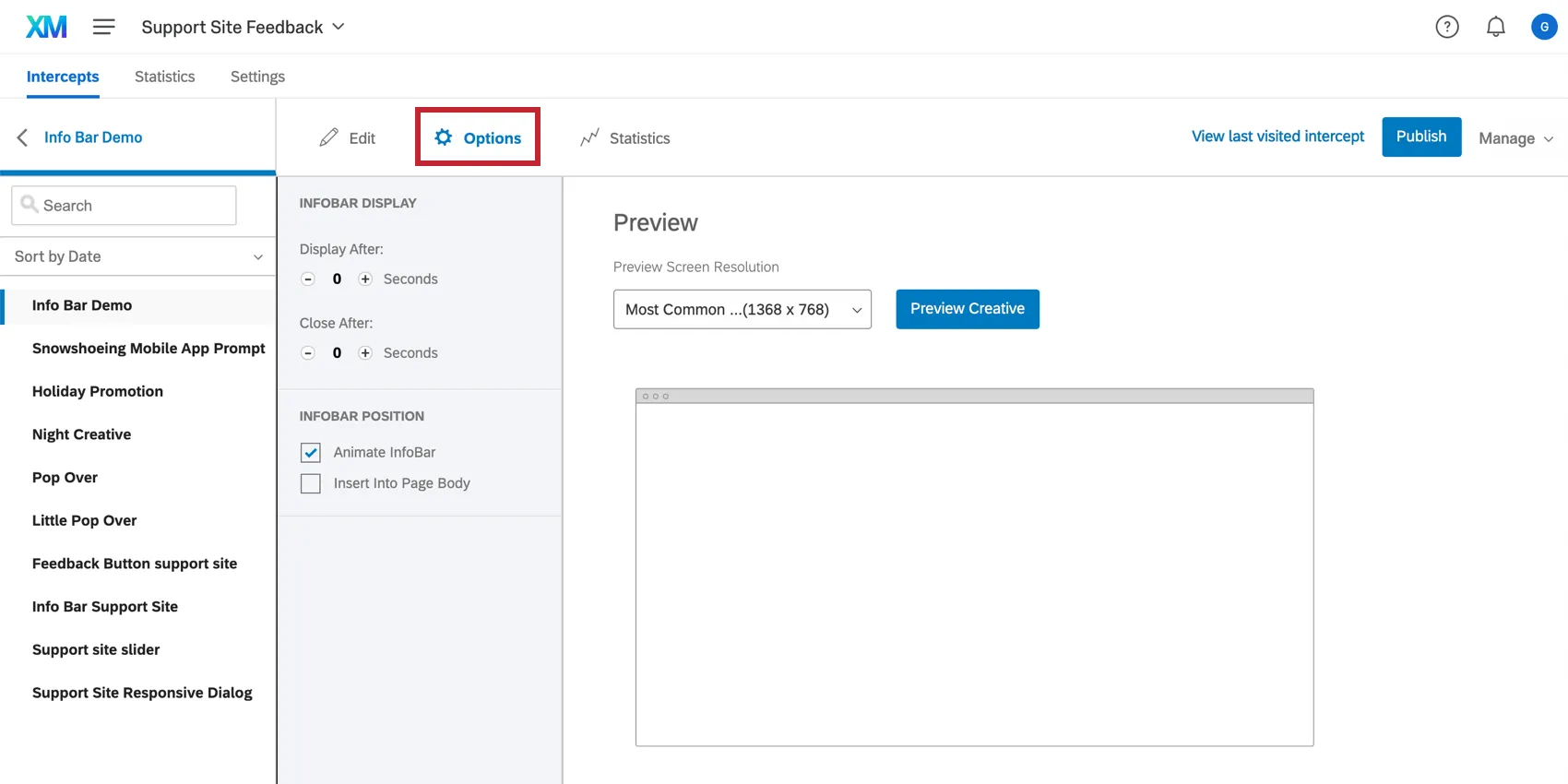 Seção de opções do editor criativo