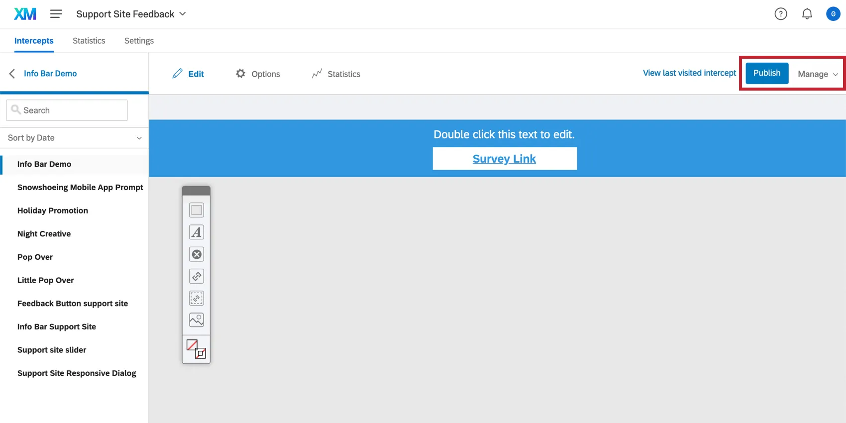 Opciones de Publicar y gestión en la parte superior derecha del editor diseño