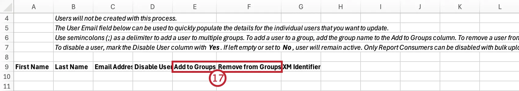 Las columnas que se pueden agregar a grupos y eliminar de grupos están resaltadas en la hoja de cálculo.