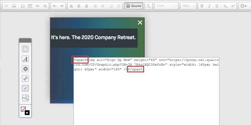 Spans added to the source text of the button
