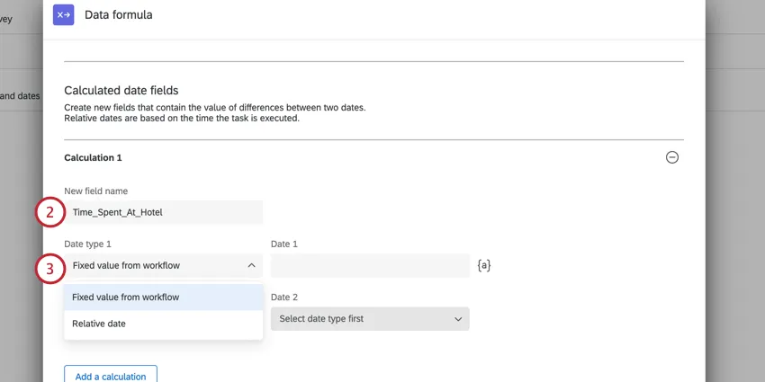 giving the field a name and choosing the first date type