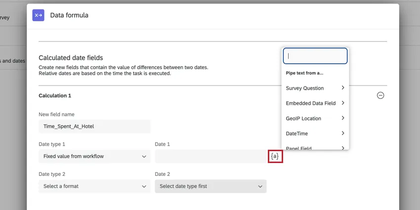 the piped text menu for choosing a fixed date