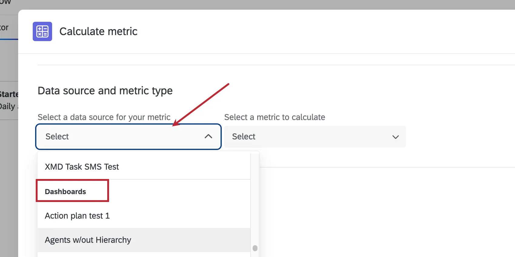 Creando unattività di calcolo delle metriche, si apre il campo Seleziona unorigine dati per la metrica; nel menu che appare, cè una sezione chiamata Dashboard