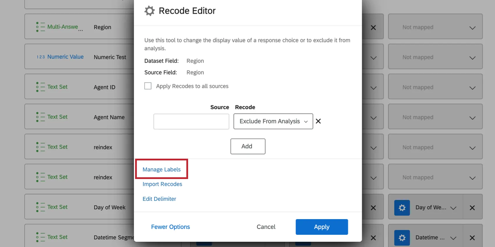 El editor de recodificación se abrió en la configuración de datos del Tablero