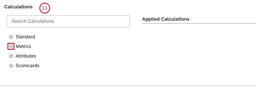 É possível selecionar até 10 cálculos a serem exibidos para cada agrupamento na seção Calculations (Cálculos)