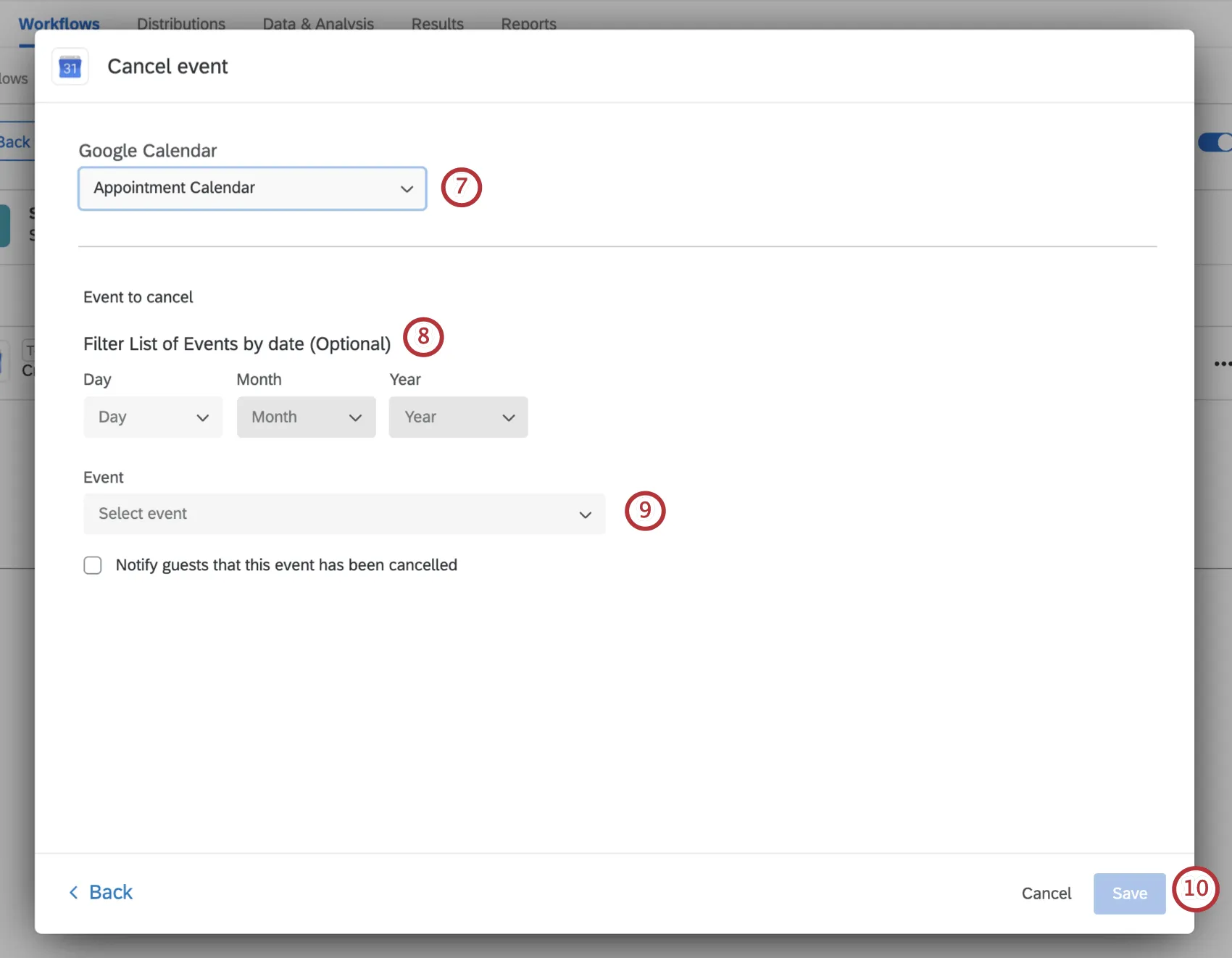 choosing the calendar and then filtering to find the event to cancel