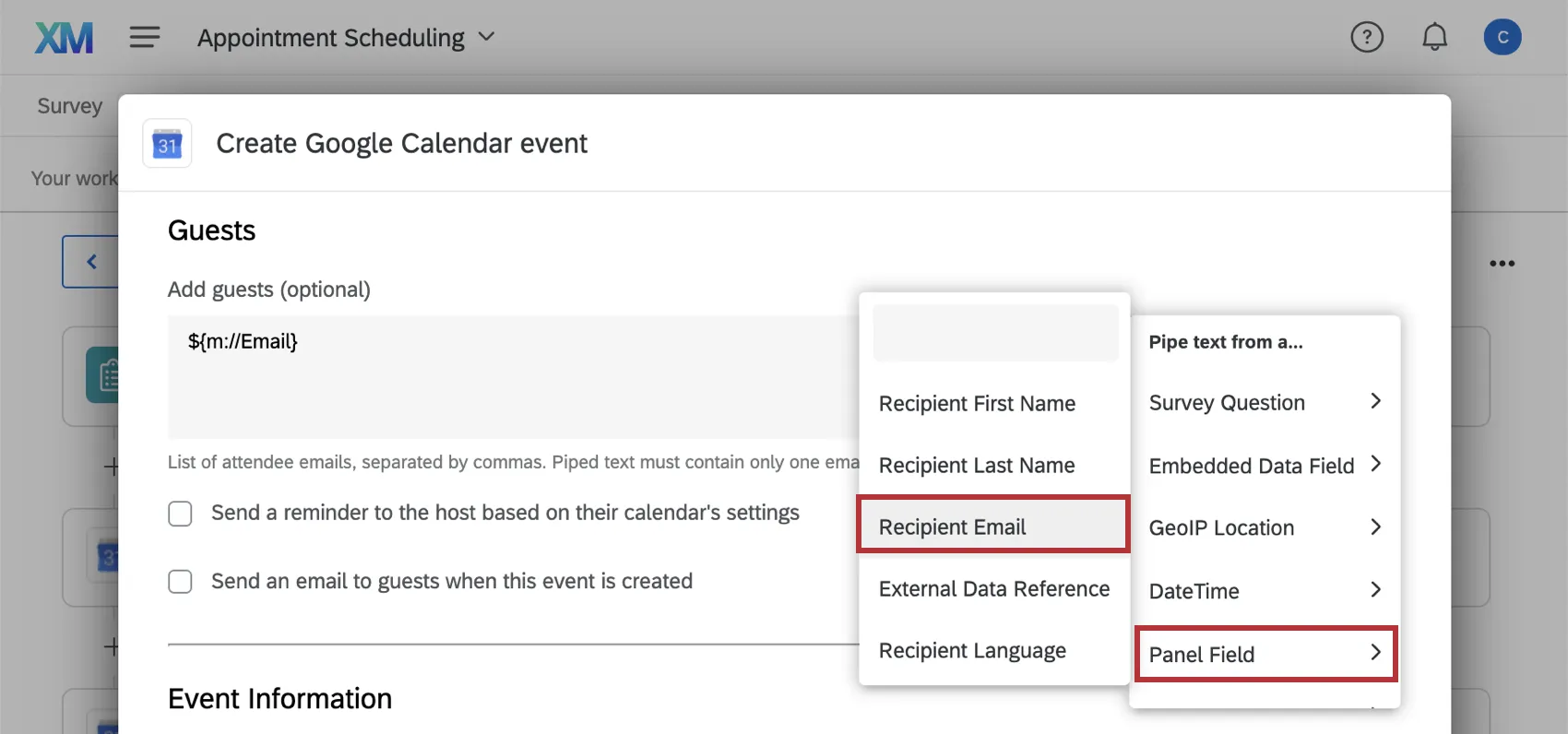 Piped text dropdown with recipient email and panel field selected.