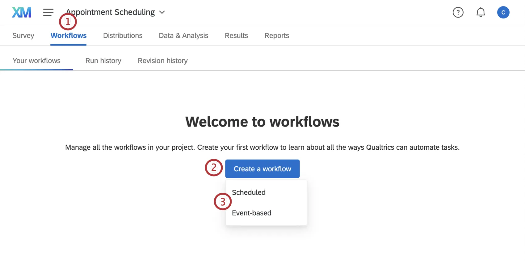 auf der Registerkarte „Workflows“ einer Umfrage einen neuen Workflow anlegen